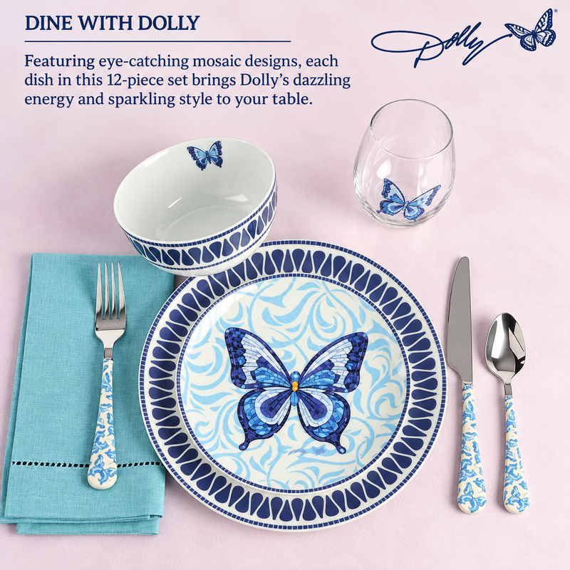 Dolly Parton Blue Butterfly 12-Piece Dinnerware Set