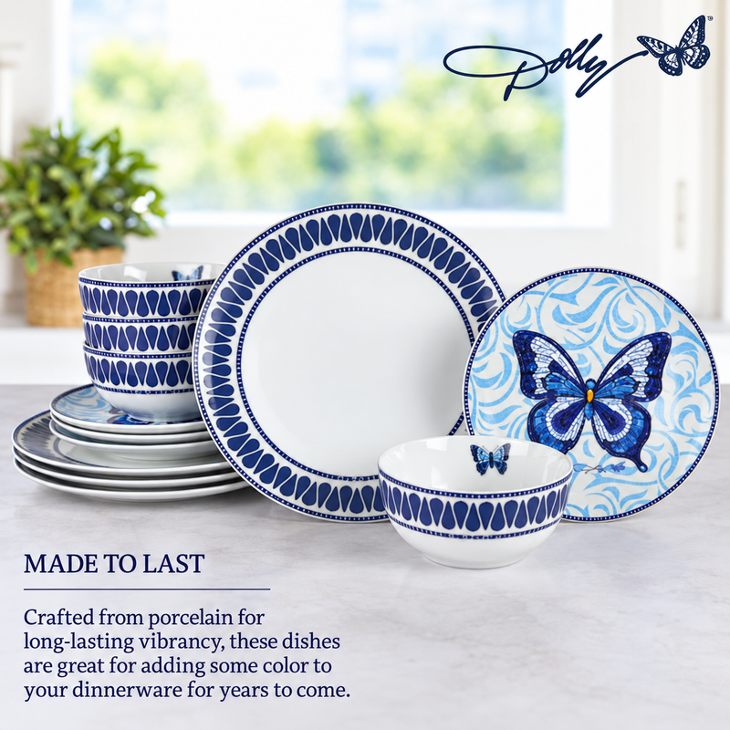 Dolly Parton Blue Butterfly 12-Piece Dinnerware Set
